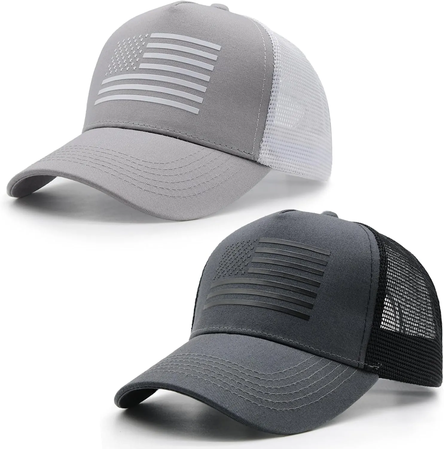 2 Packs American Flag Trucker Hat, Adjustable Mesh Snapback USA Flag Baseball Caps for Men Women