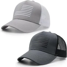 2 Packs American Flag Trucker Hat, Adjustable Mesh Snapback USA Flag Baseball Caps for Men Women