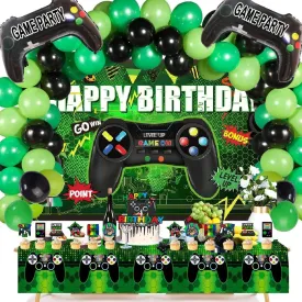 64 Pieces Video Game On Theme Party Supplies Sett: Decorations with Happy Birthday Gaming Backdrop, Game Table Covers, Cake Topper, Foil Gamer Balloons, Multi-Color Balloons. Perfect for Game Party!