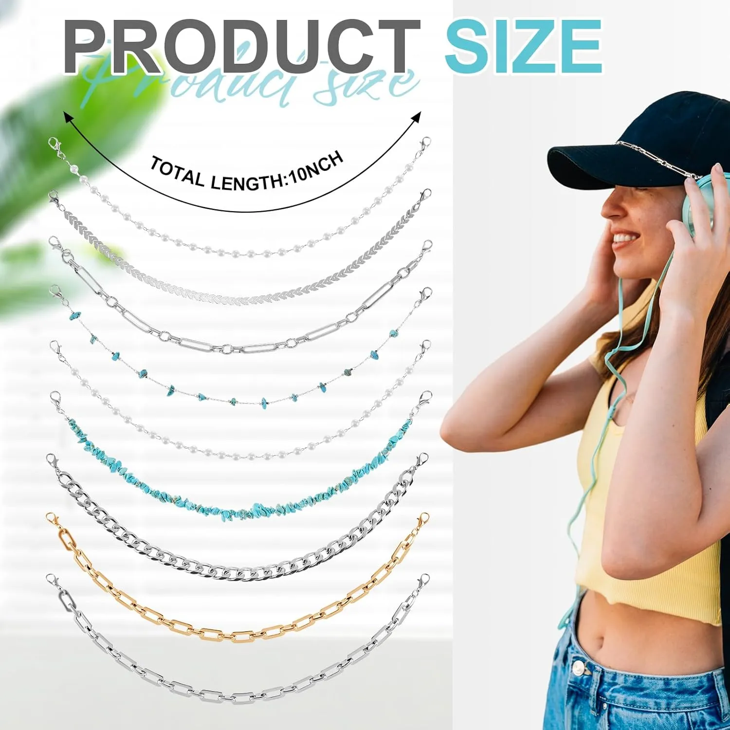 9 Pcs Trucker Hat Chains Charms DIY Pearl Metal Chains Mesh Baseball Hat Accessories Decoration