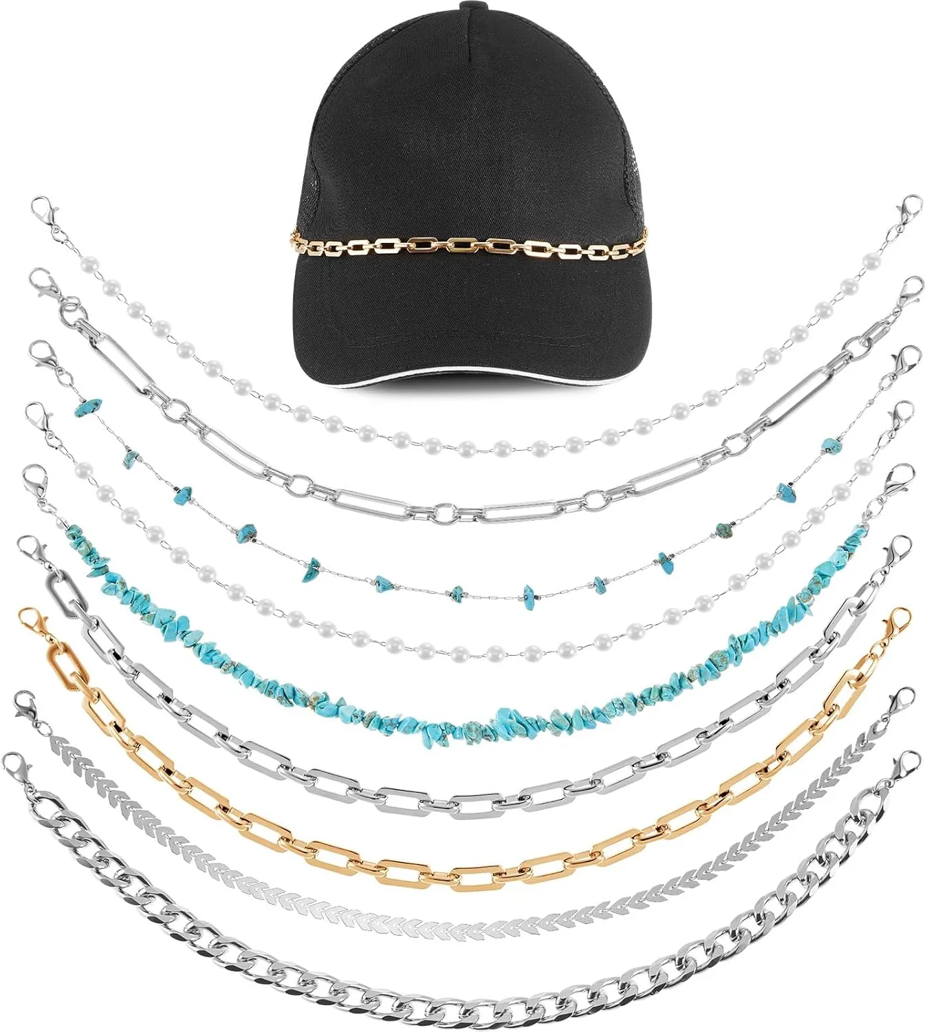 9 Pcs Trucker Hat Chains Charms DIY Pearl Metal Chains Mesh Baseball Hat Accessories Decoration