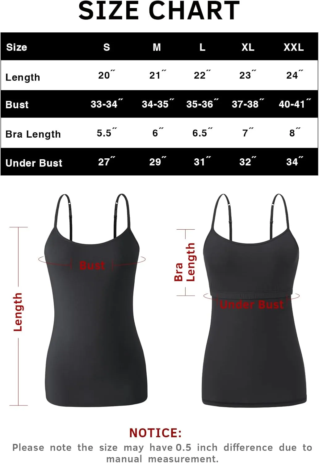 Air Curvey 2/3 Pack Cotton Women's Camisole with Shelf Bra Adjustable Strap Tank Tops Soft Undershirts Layering Tops
