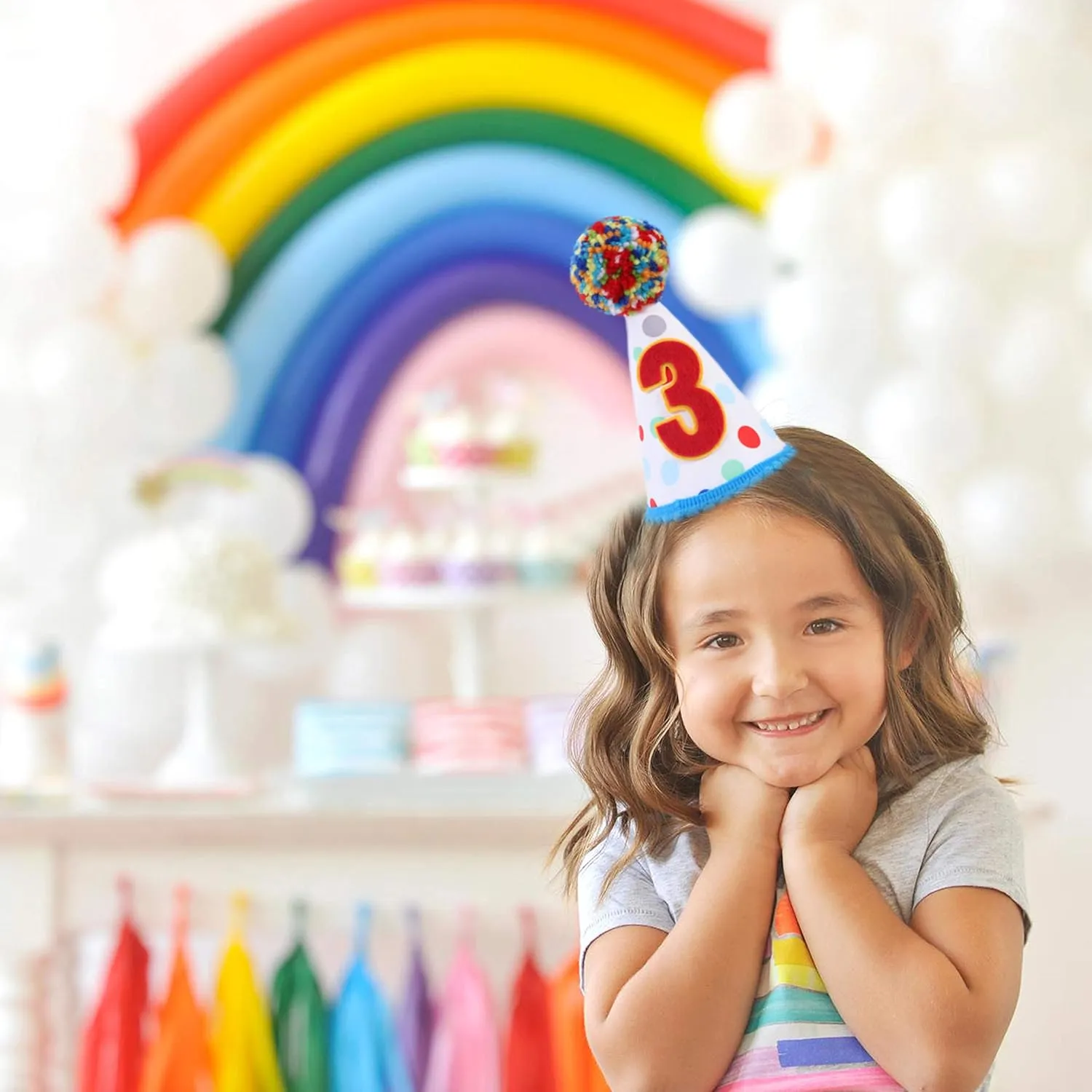 Baby Birthday Party Hat - Primary Colors Mini Handmade Girls/Boys Confetti Cone Colored Fur Balls
