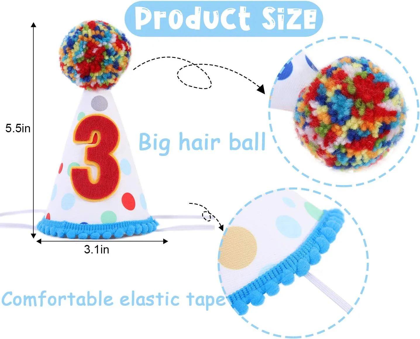 Baby Birthday Party Hat - Primary Colors Mini Handmade Girls/Boys Confetti Cone Colored Fur Balls