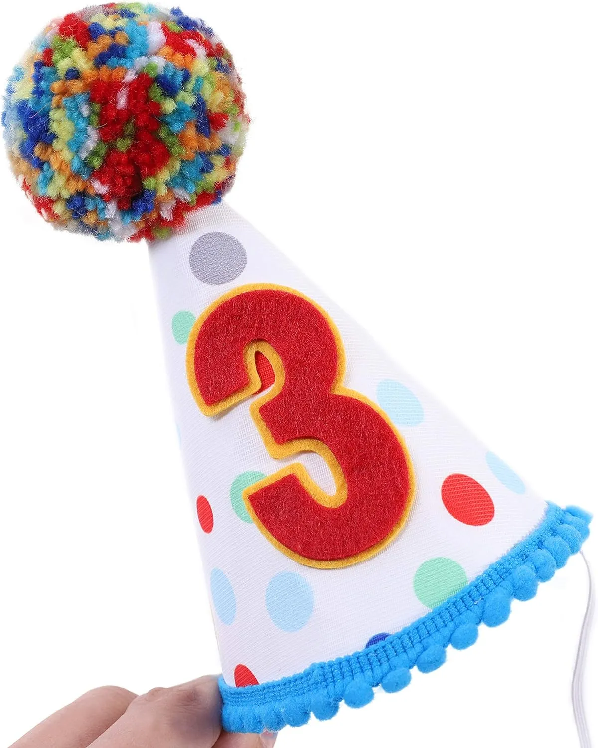 Baby Birthday Party Hat - Primary Colors Mini Handmade Girls/Boys Confetti Cone Colored Fur Balls