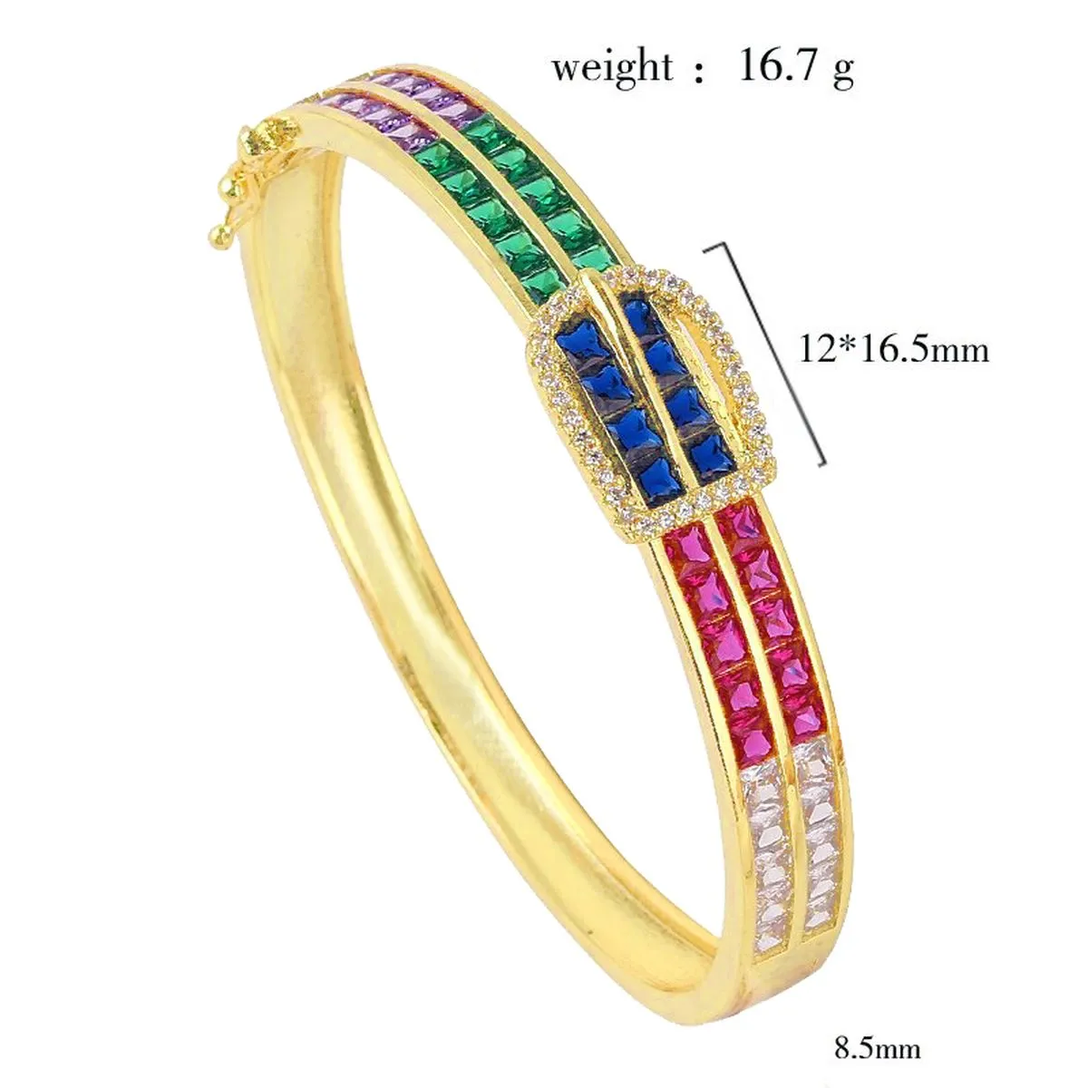 Belt Buckle Multi Color Rainbow Cubic Zirconia 18K Gold Openable Kada Bangle