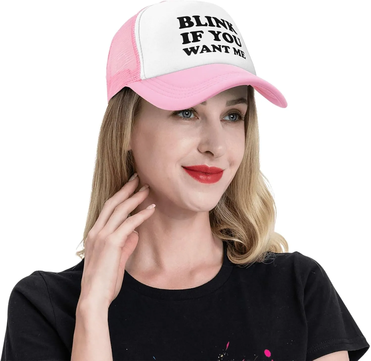 Blink If You Want Me Funny Adjustable Mesh Trucker Hat Sport Baseball Cap Men Women Gift Dad Hat Fishing Cap Black