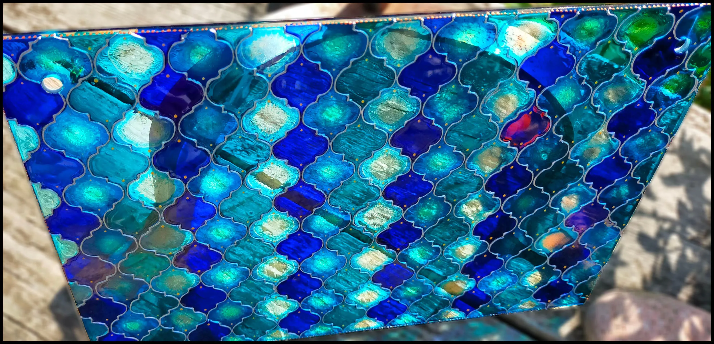 Blue Moroccan Tiles A4 Hanging Glass Painting Picture Panel