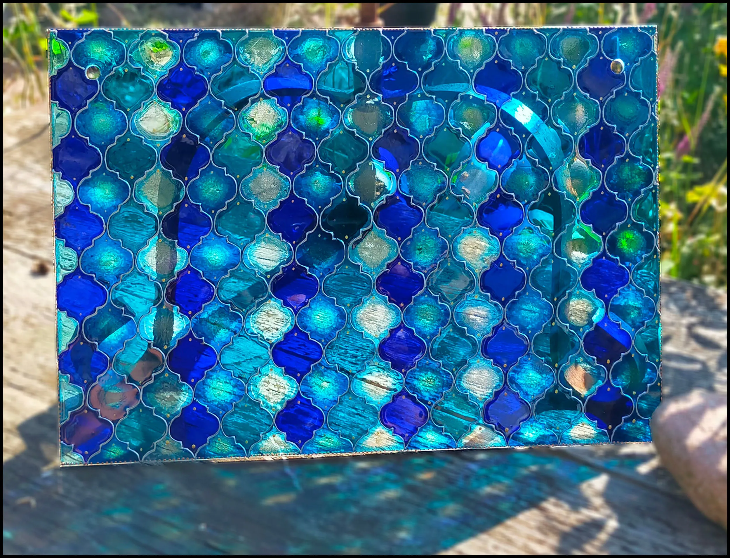 Blue Moroccan Tiles A4 Hanging Glass Painting Picture Panel