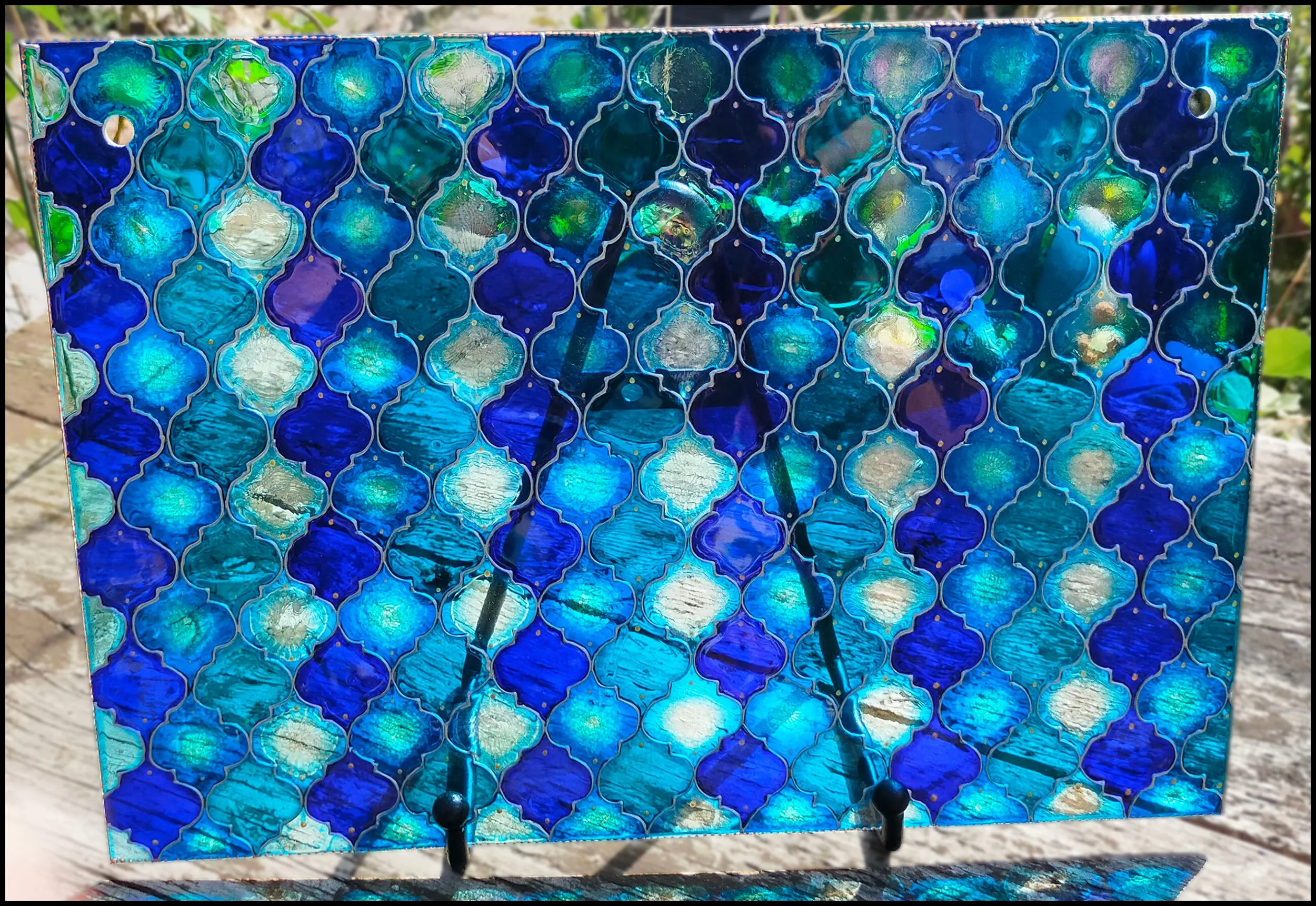 Blue Moroccan Tiles A4 Hanging Glass Painting Picture Panel