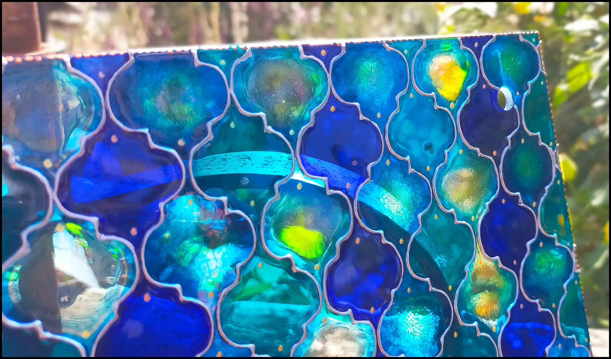 Blue Moroccan Tiles A4 Hanging Glass Painting Picture Panel