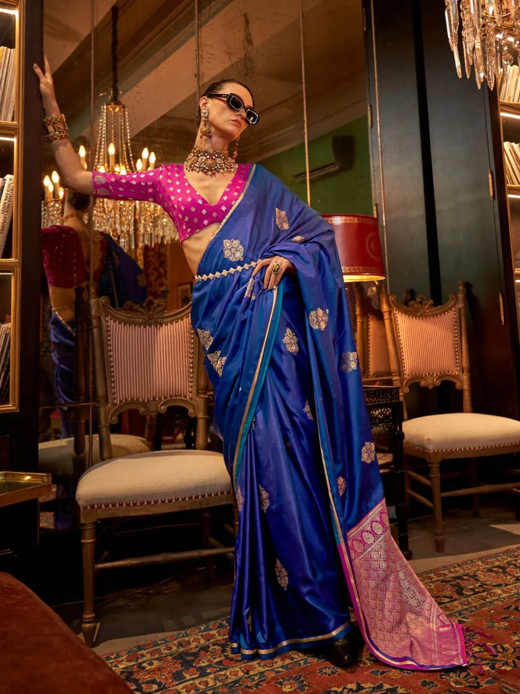 Blue Pure Satin Handloom Weaving Silk Saree