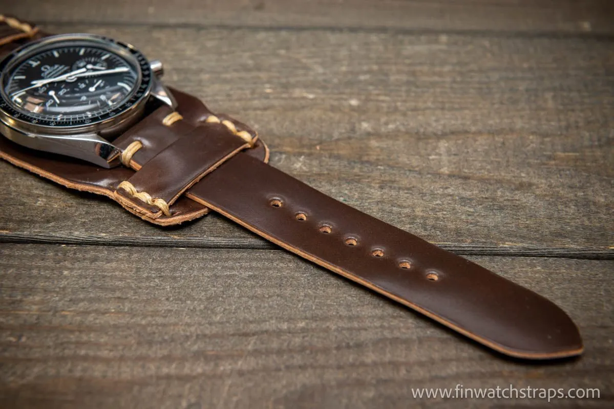 Bund-style Shell Cordovan watch strap, Aviator model. Handmade in Finland, 10-26 mm.