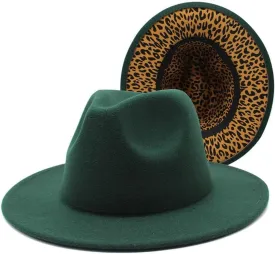 Cap New Thickened Men and Women Top Hats, Two Color Jazz Hats, Big Brim Double-Sided Woolen Leopard Texture Inner Felt Hat Fengyan Cowboy Hats (Color : Dark Green, Size : 56-58cm)