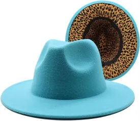 Cap New Thickened Men and Women Top Hats, Two Color Jazz Hats, Big Brim Double-Sided Woolen Leopard Texture Inner Felt Hat Fengyan Cowboy Hats (Color : Lake Blue, Size : 56-58cm)