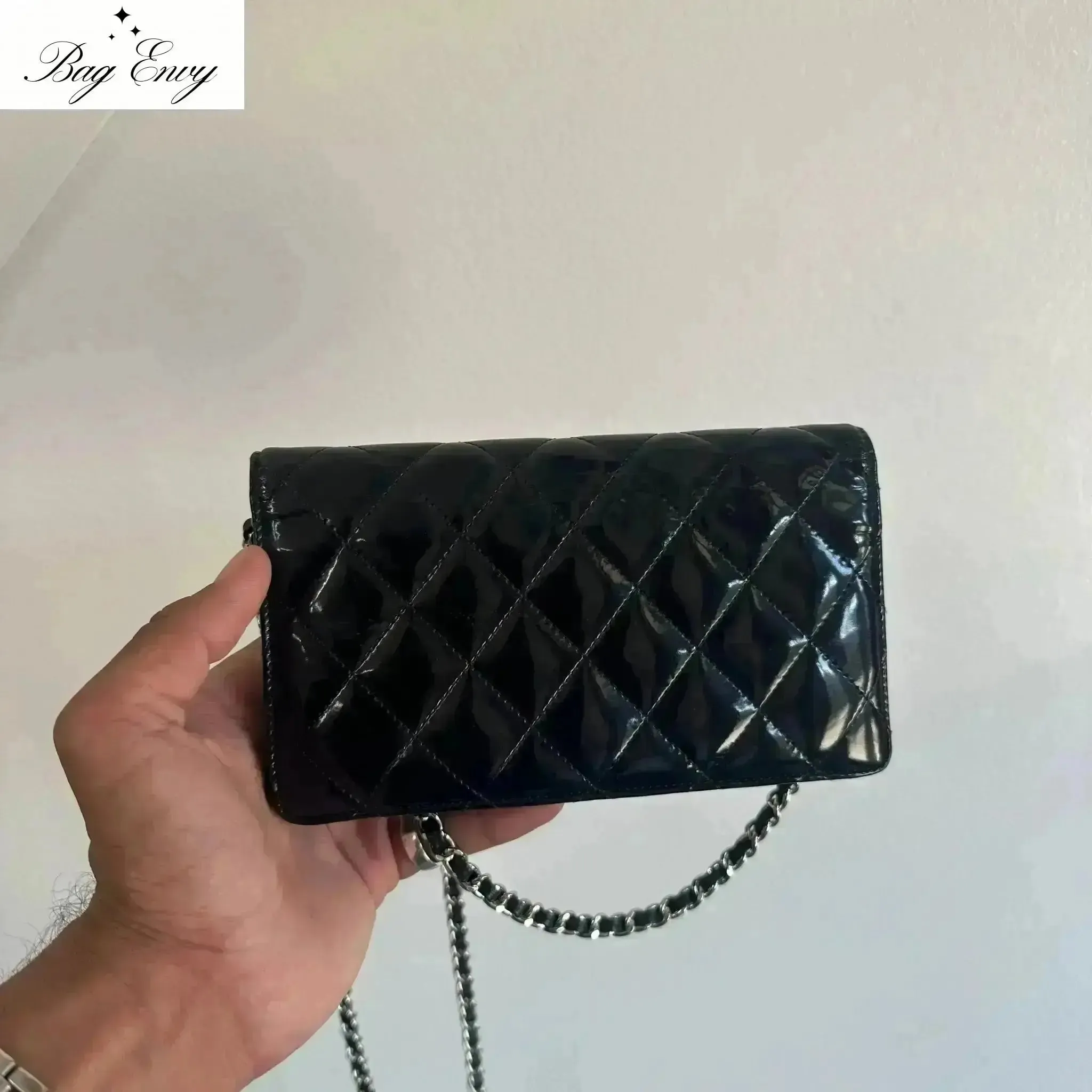 CHANEL Patent Leather Bifold Wallet with Chain