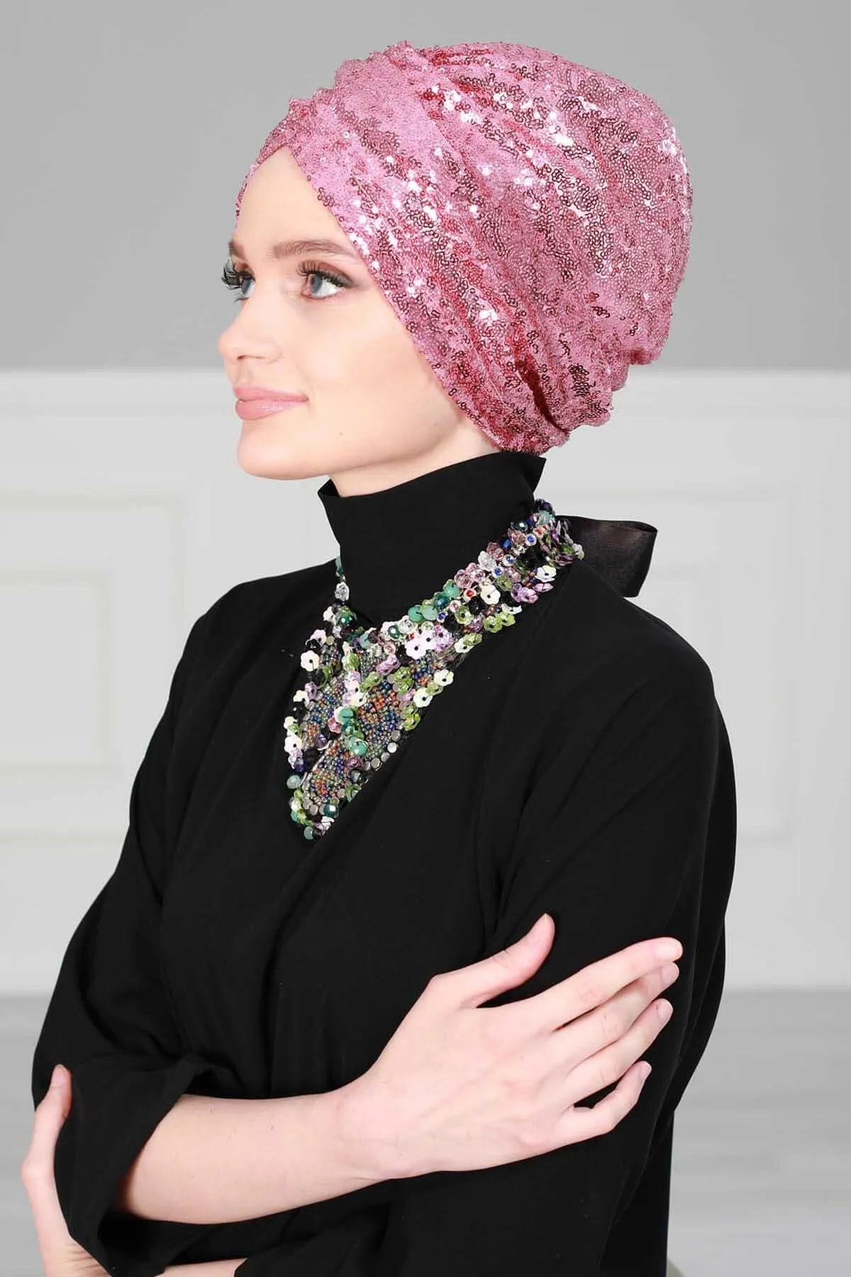 Chic Sequined Instant Turban for Women, Elegant & Easy Head Wrap, Versatile Fashion Hijab Cap, Breathable Hair Loss Chemo Headwear,B-9P