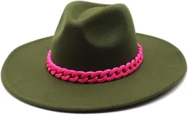 DHAEY New Large Brim Concave-Convex Top Woolen Top Hat Autumn and Winter Jazz Hat British Fashion Felt Hat with Red Chain Luopan Caps & Hats (Color : Army Green, Size : 56-58cm)