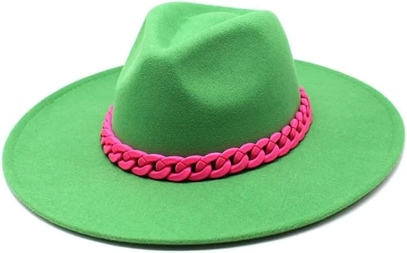 DHAEY New Large Brim Concave-Convex Top Woolen Top Hat Autumn and Winter Jazz Hat British Fashion Felt Hat with Red Chain Luopan Caps & Hats (Color : Grass Green, Size : 56-58cm)