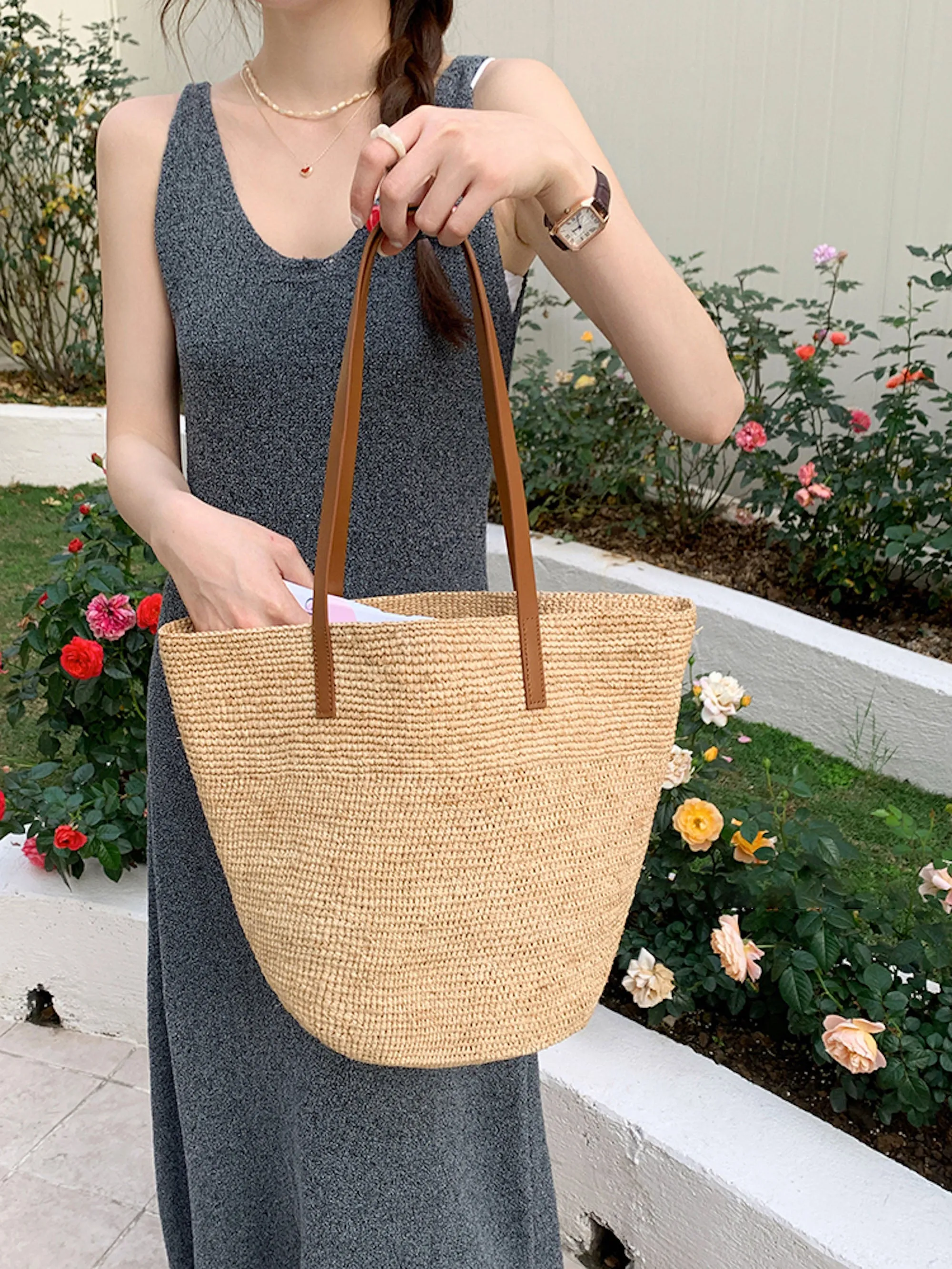 Elena Handbags Women's Large Soft Raffia Woven Summer Straw Tote