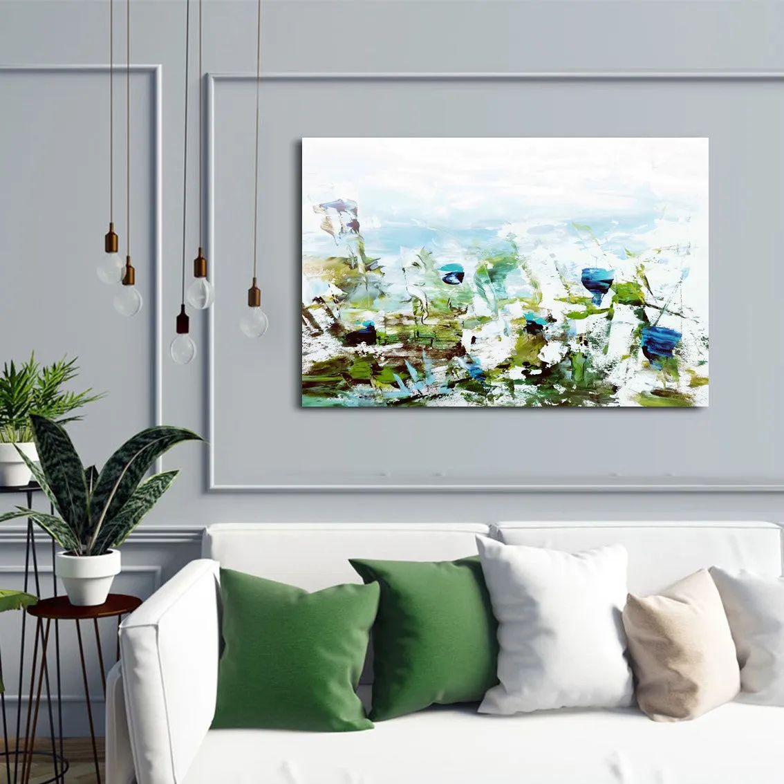 Framed horizontal blue & green abstract floral wall art print
