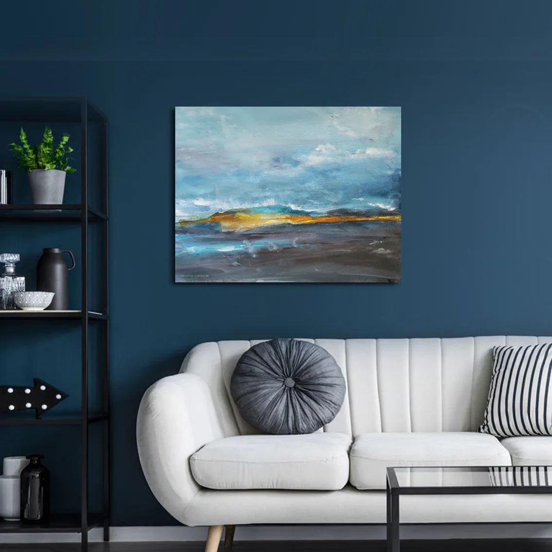 Framed horizontal blue & orange abstract landscape wall art print