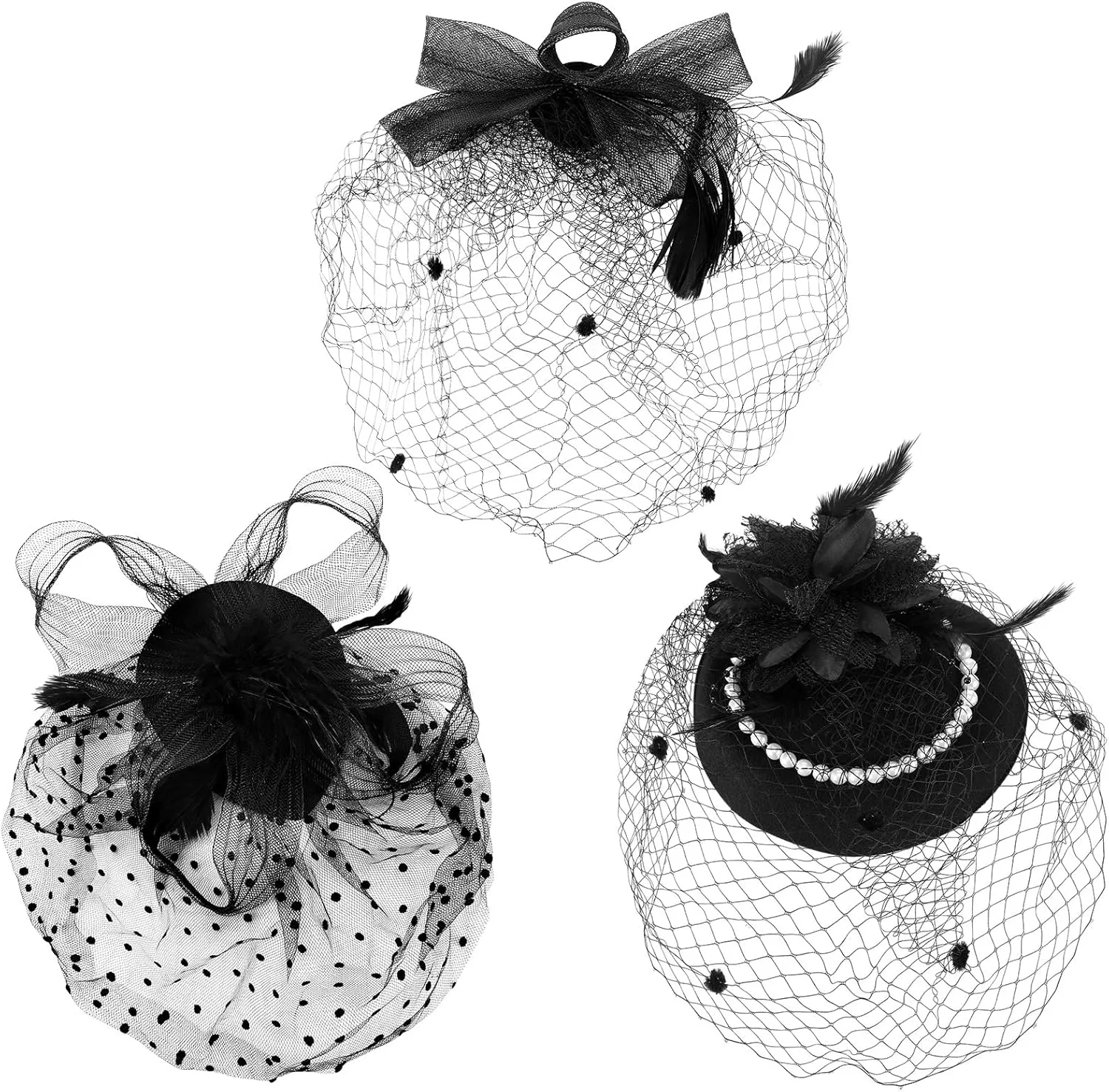 Geyoga 3 Pcs Fascinators Hats Women Mesh Veil with Feather Headband for Derby Party Funeral Tea Party Church Headwear