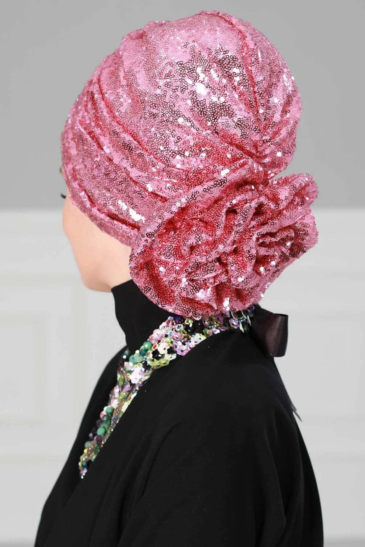 Glamorous Sequin Rose Instant Turban Hijab for Women, Sparkly Fashion Hijab Cap, Elegant Pre-Tied Headwrap with Big Fancy Rose Detail,B-21P