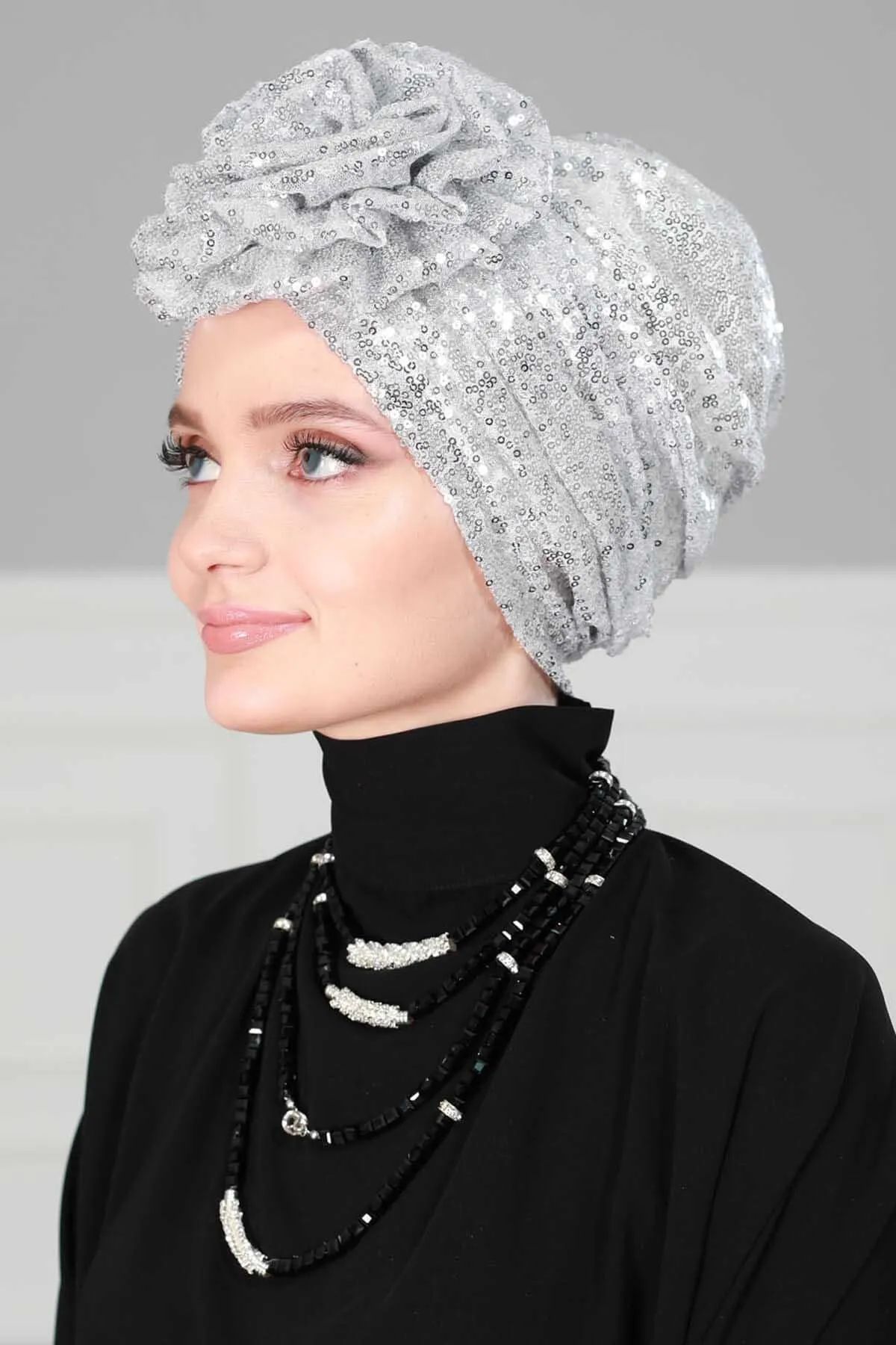 Glamorous Sequin Rose Instant Turban Hijab for Women, Sparkly Fashion Hijab Cap, Elegant Pre-Tied Headwrap with Big Fancy Rose Detail,B-21P