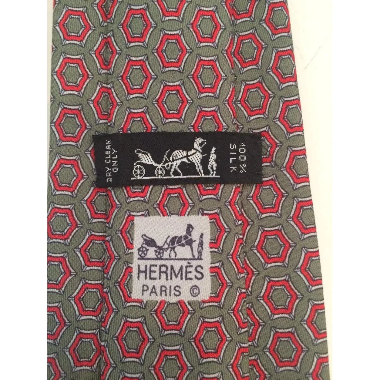 HERMES Sage Multi-color Silk Neck Tie Red White Equestrian Print