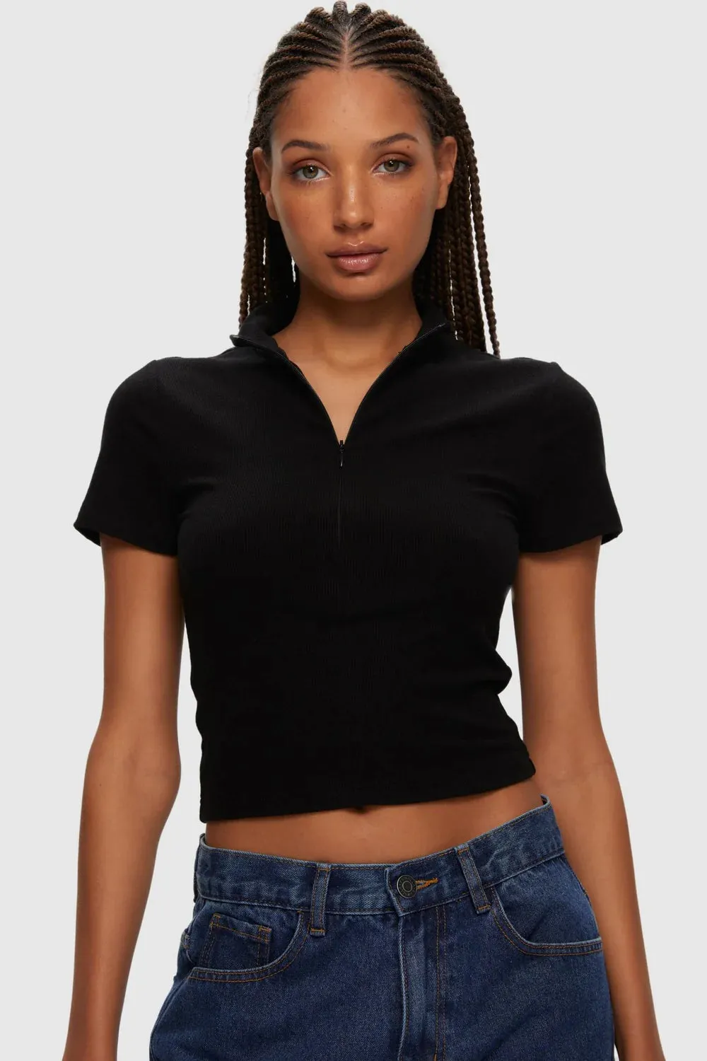 Kuwalla Cropped Mock Neck Tee (Black)