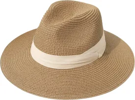 Lanzom Women Wide Brim Straw Panama Roll up Hat Fedora Beach Sun Hat UPF50 