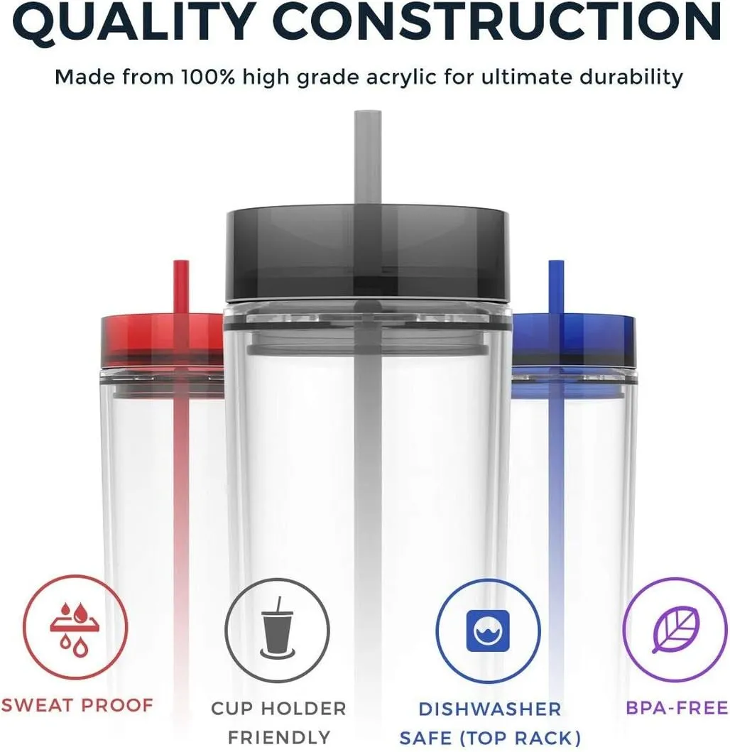 Maars Drinkware Double Wall Insulated Skinny Acrylic Tumblers with Straw and Lid, 16 oz. (4 pack, Clear)