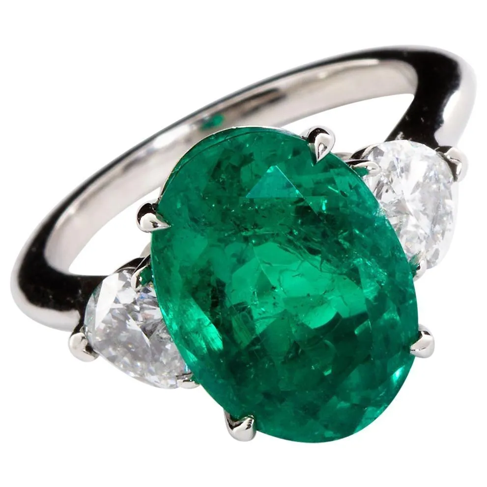 Oval Colombian Emerald Diamond Hearts Side Stones Engagement Ring 6.60 Carat