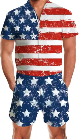 RAISEVERN Mens Romper Zipper Jumpsuit Male Shorts Sleeve One Piece Overalls Bro Outfits
