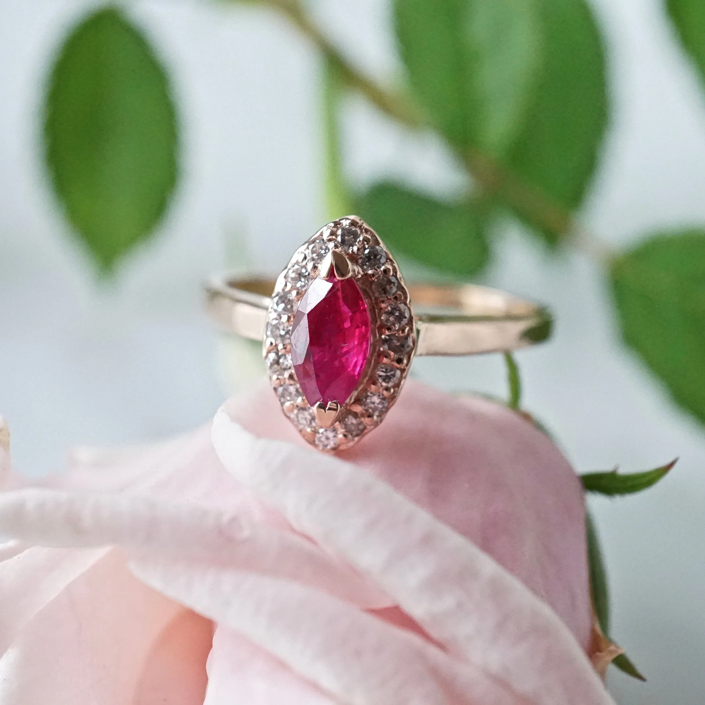 Ruby Diamond Halo Ring - Rose Gold Ruby Ring - July Birthstone Ring