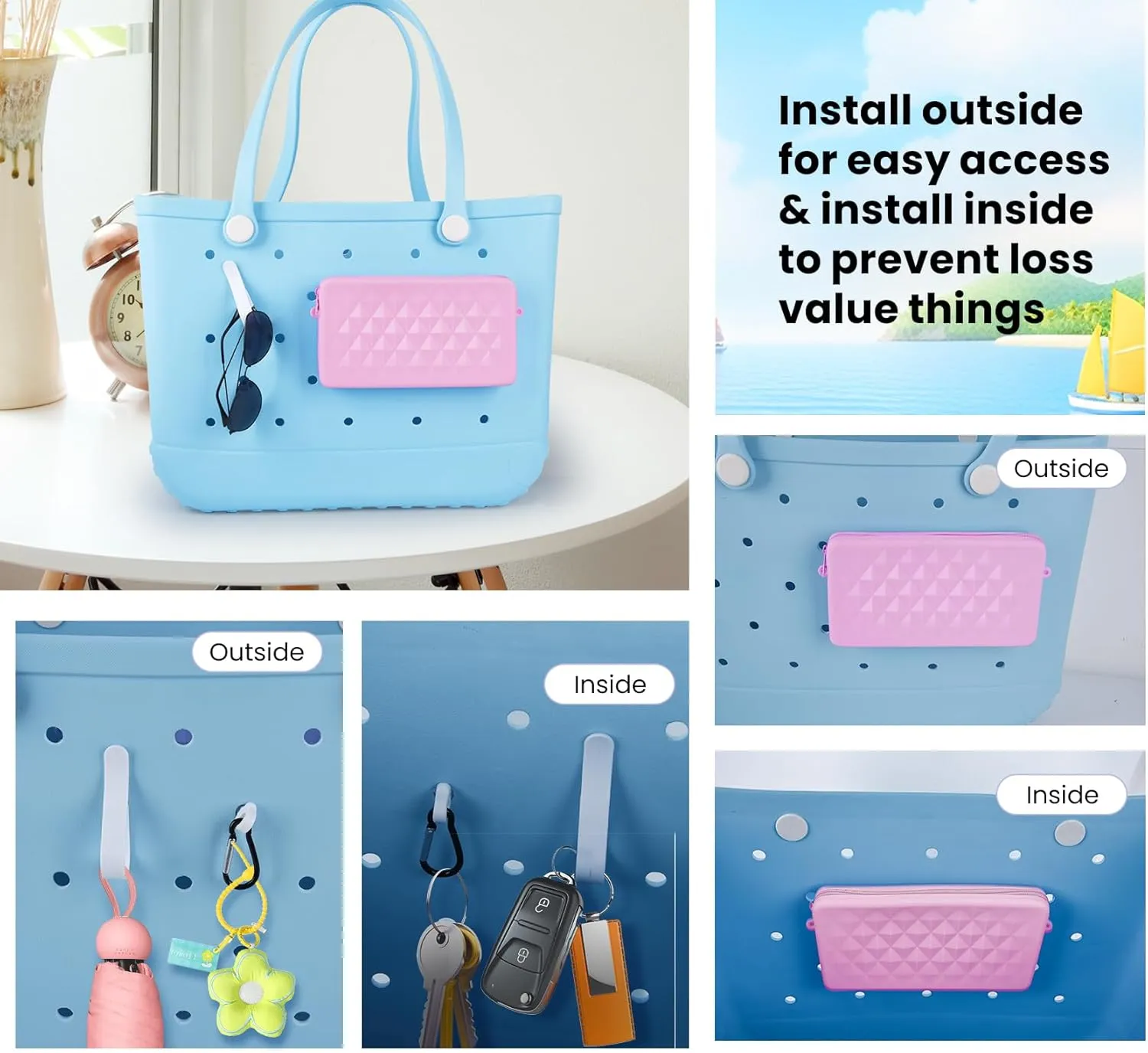 Silicone Pouch for Bogg Bag Accessories, Universal Phone Holder for Bogg Bag, Zipper Pouch Fits Simple Modern Beach Tote L/XL, Zipper Wallet Pocket with 4 Key Hooks White