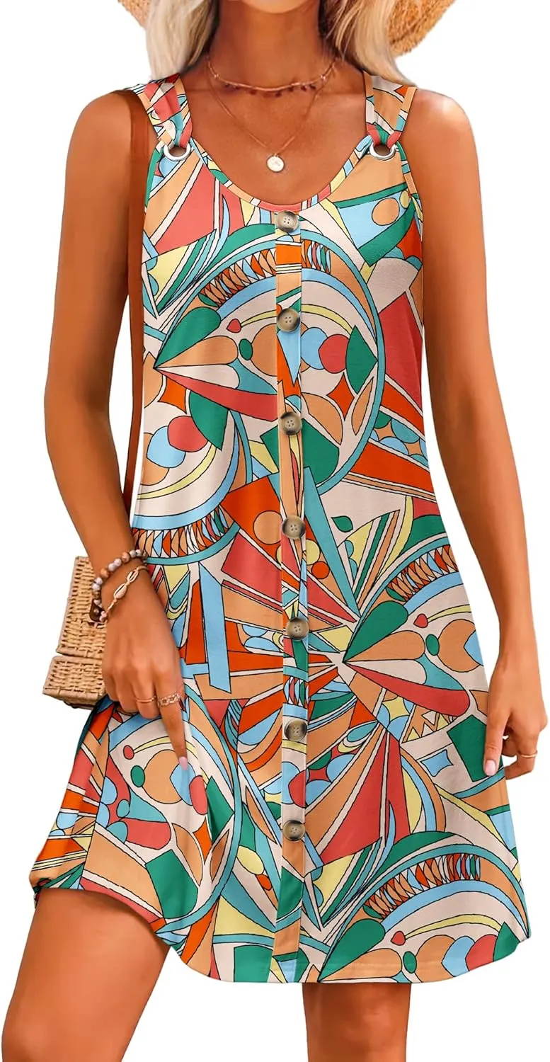 Summer Dresses for Women 2025 Sleeveless Floral Boho Swimsuit Cover Ups Casual Button Beach Vacation Tank Sundresses