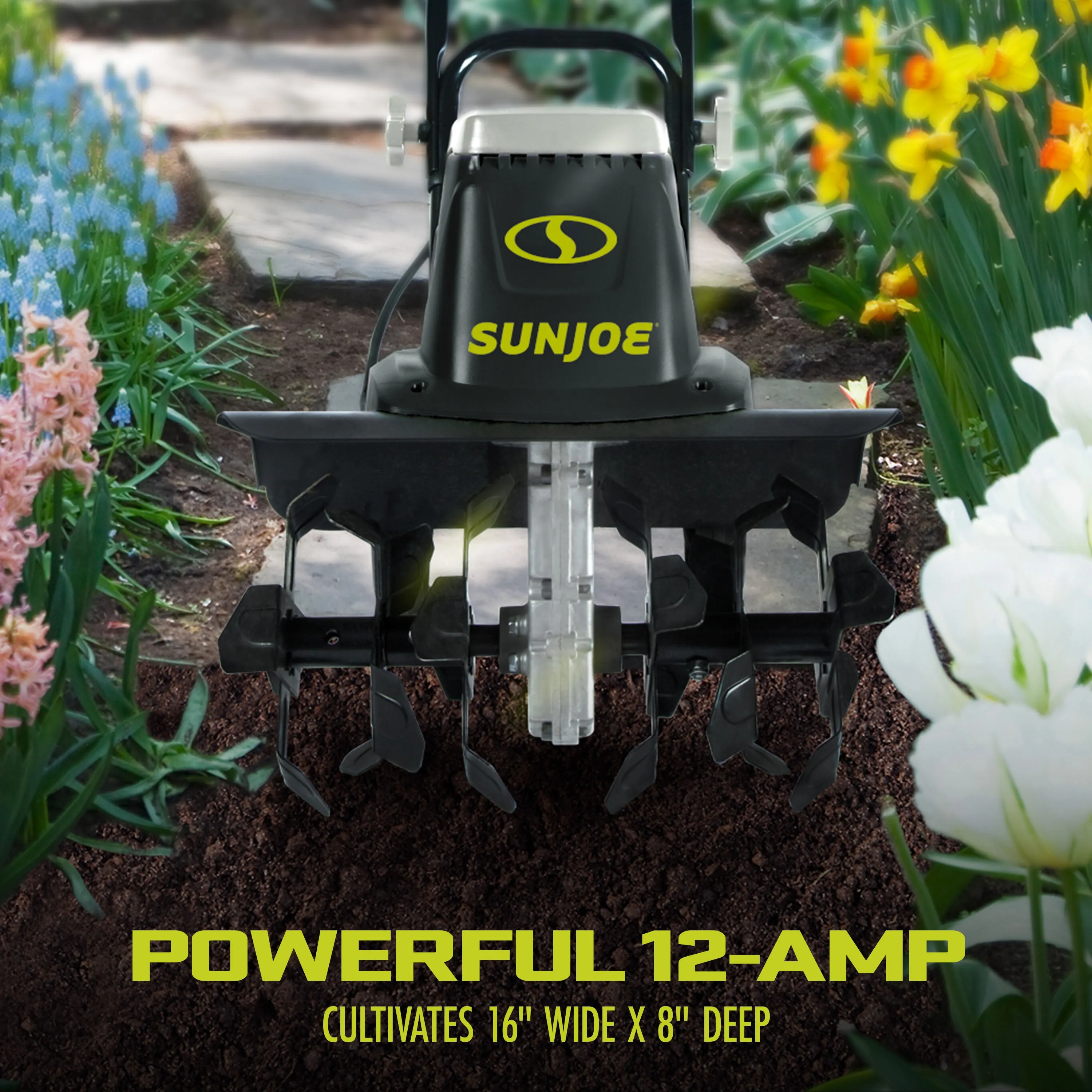 Sun Joe TJ603E Electric Garden Tiller   Cultivator | 16-inch | 12-Amp | 3-Position Height Adjustment