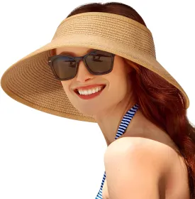 Sun Visor Hats for Women, Summer Packable Straw Beach Hat UV Protection 2025, Women's Ponytail Hat, Foldable Travel
