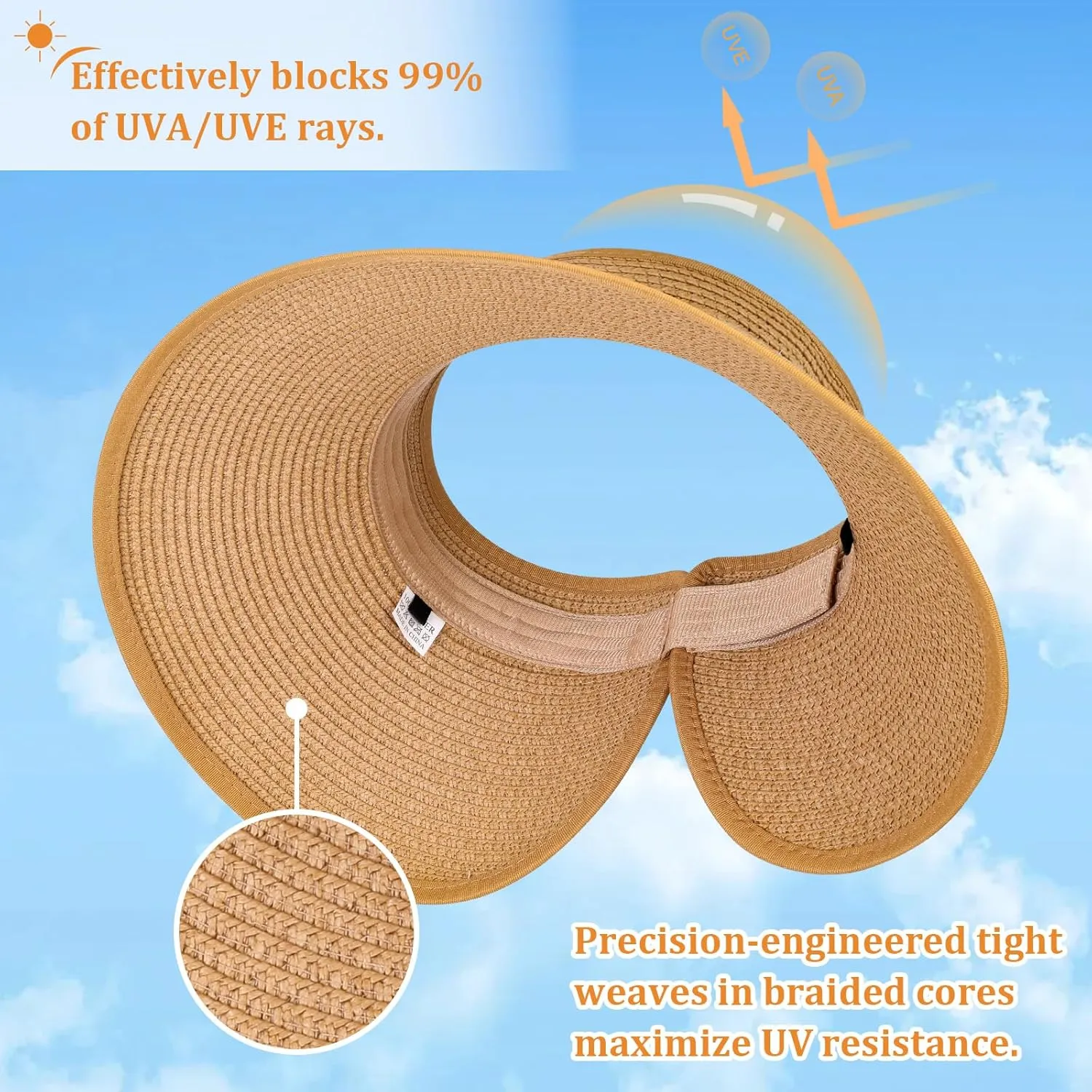 Sun Visor Hats for Women, Summer Packable Straw Beach Hat UV Protection 2025, Women's Ponytail Hat, Foldable Travel