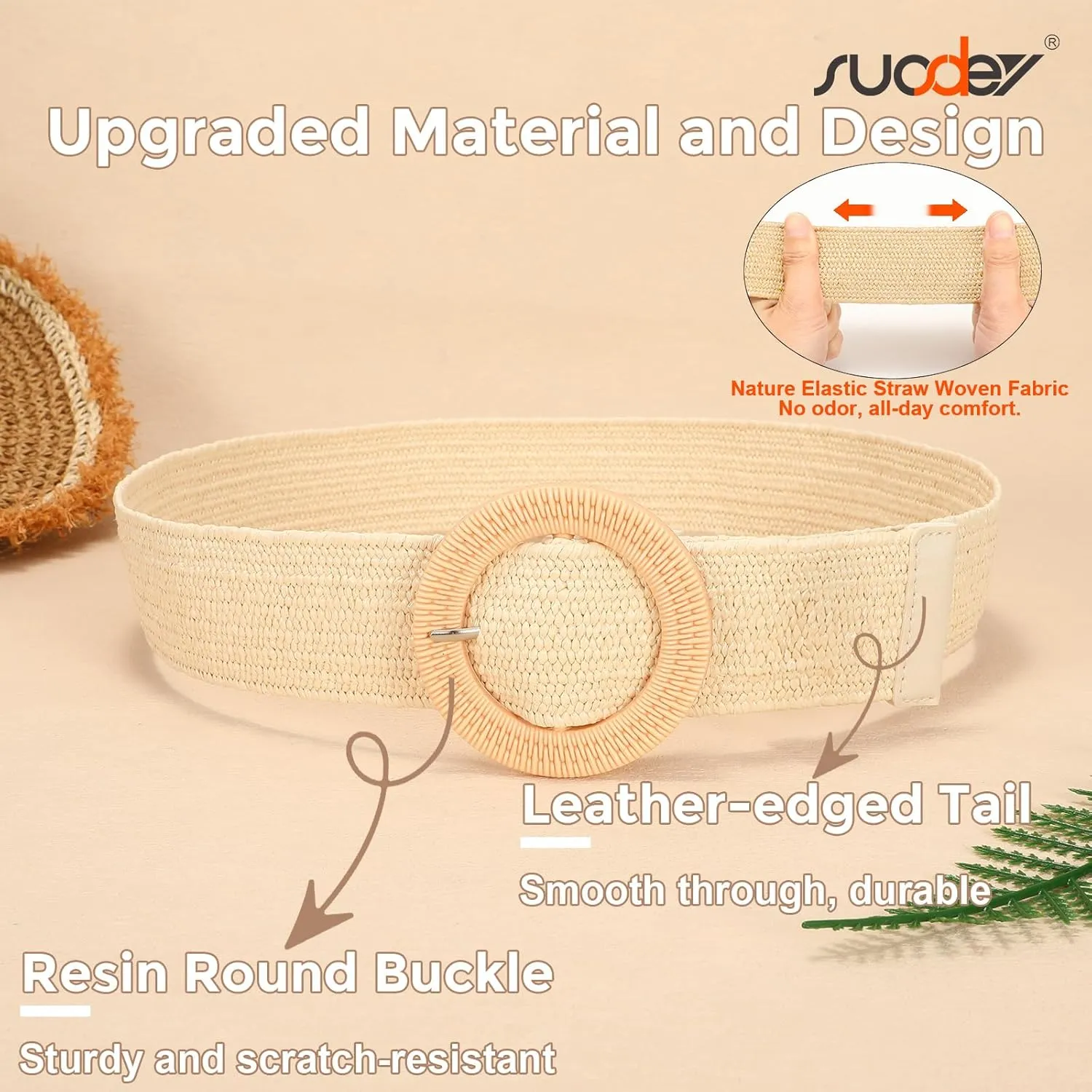 SUOSDEY Straw Woven stretchy Waist Belt for Women Dresses,Wide Boho Braided Elastic Belt with Round Buckle