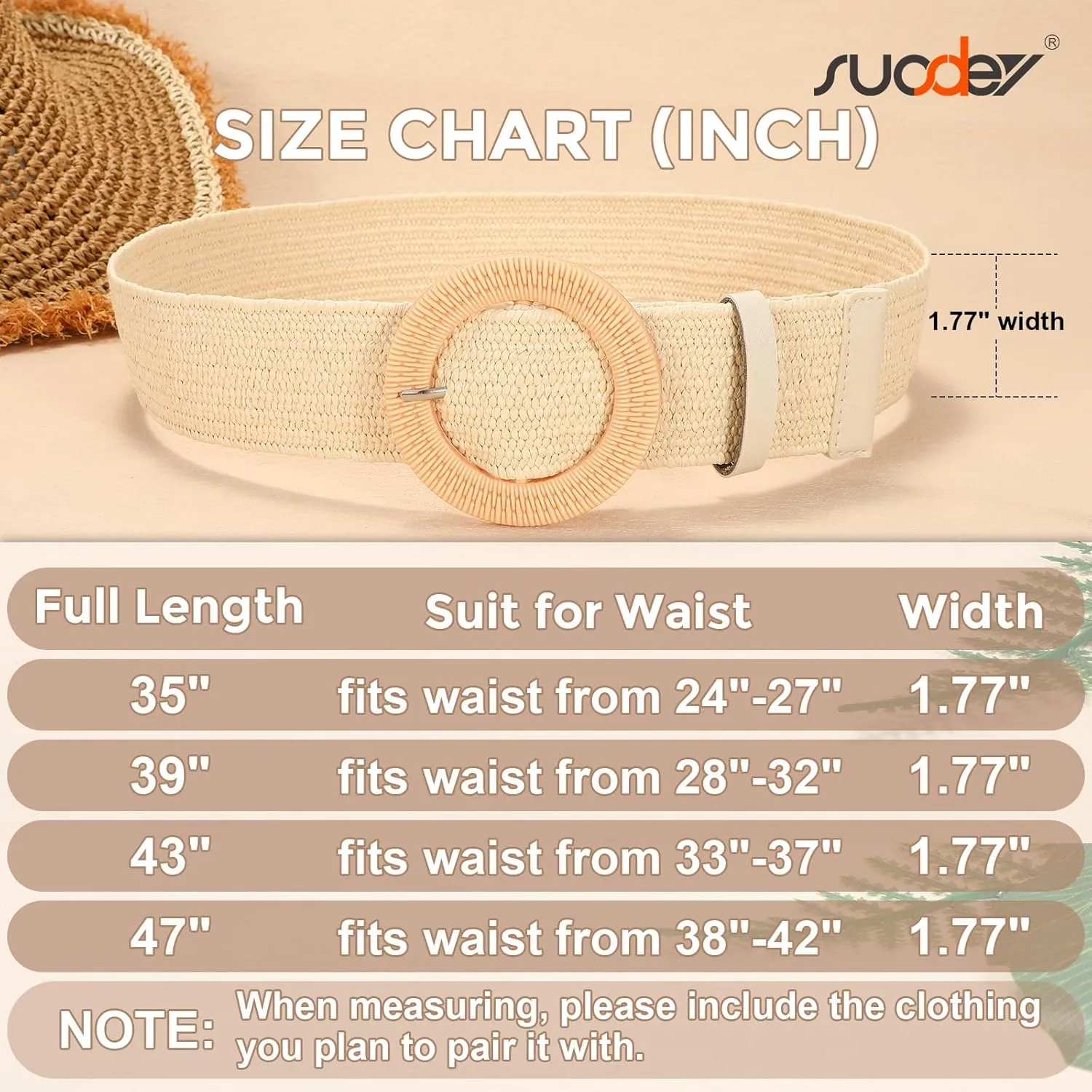 SUOSDEY Straw Woven stretchy Waist Belt for Women Dresses,Wide Boho Braided Elastic Belt with Round Buckle