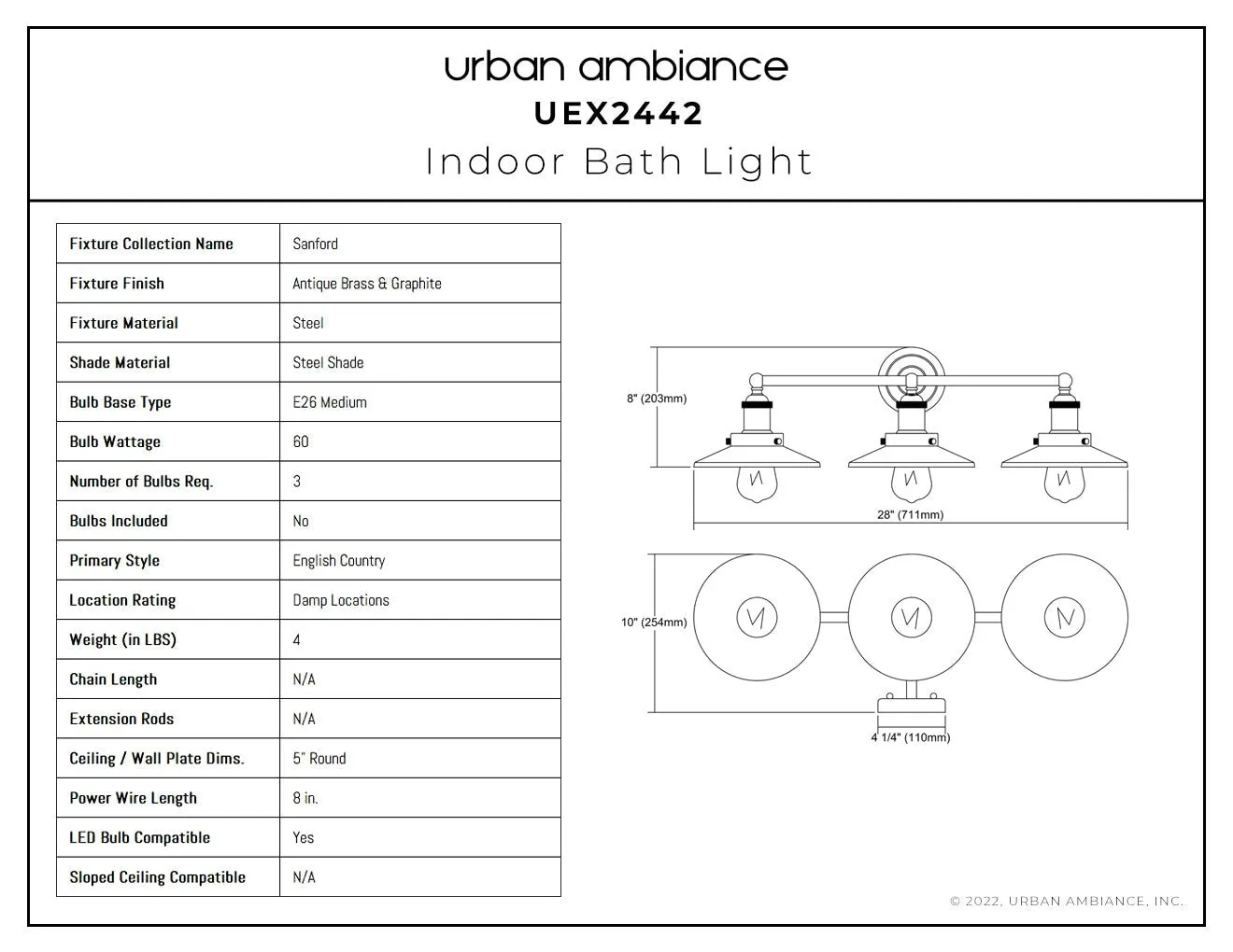 UEX2442 New Traditional Bath Light 8''H x 28''W, Antique Brass & Graphite Finish, Sanford Collection