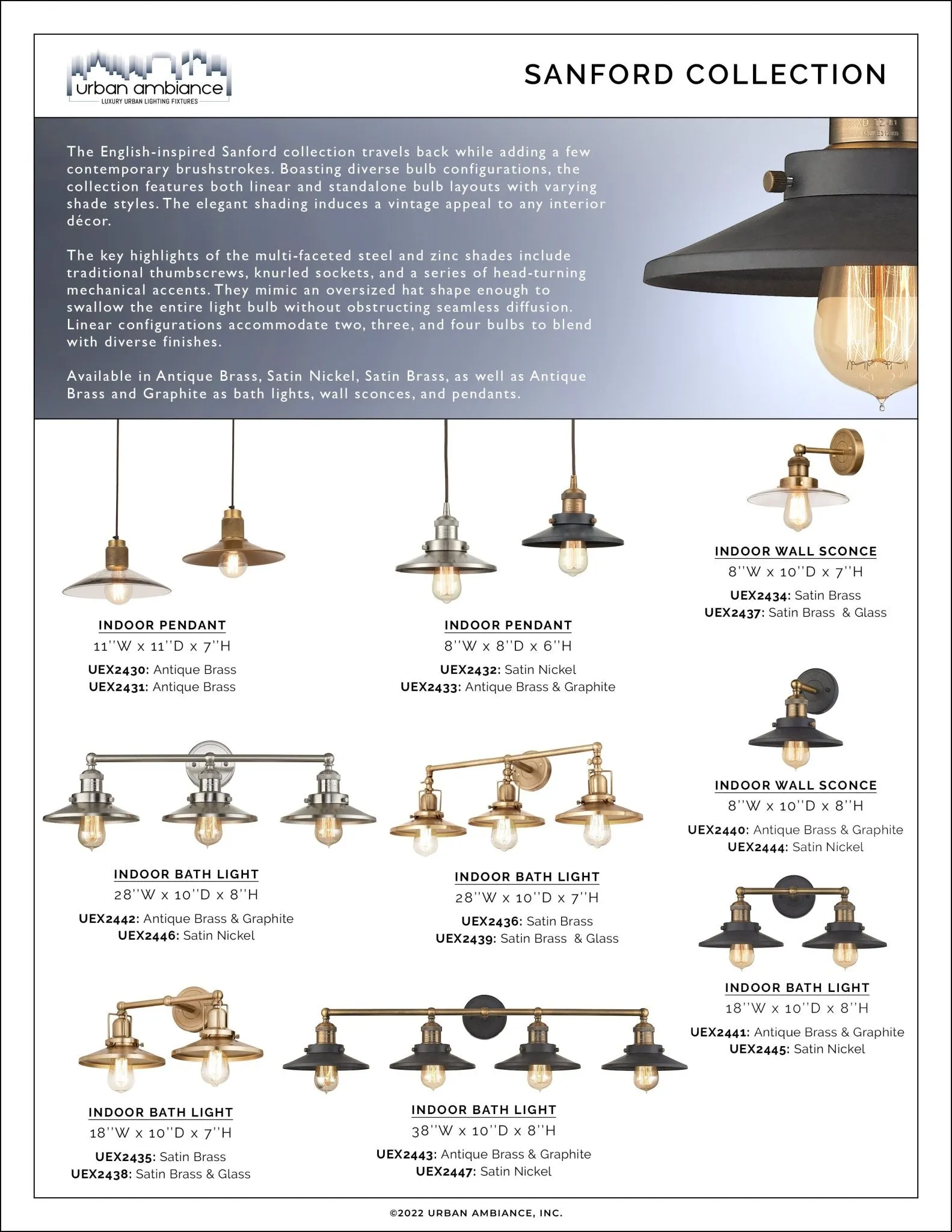 UEX2442 New Traditional Bath Light 8''H x 28''W, Antique Brass & Graphite Finish, Sanford Collection