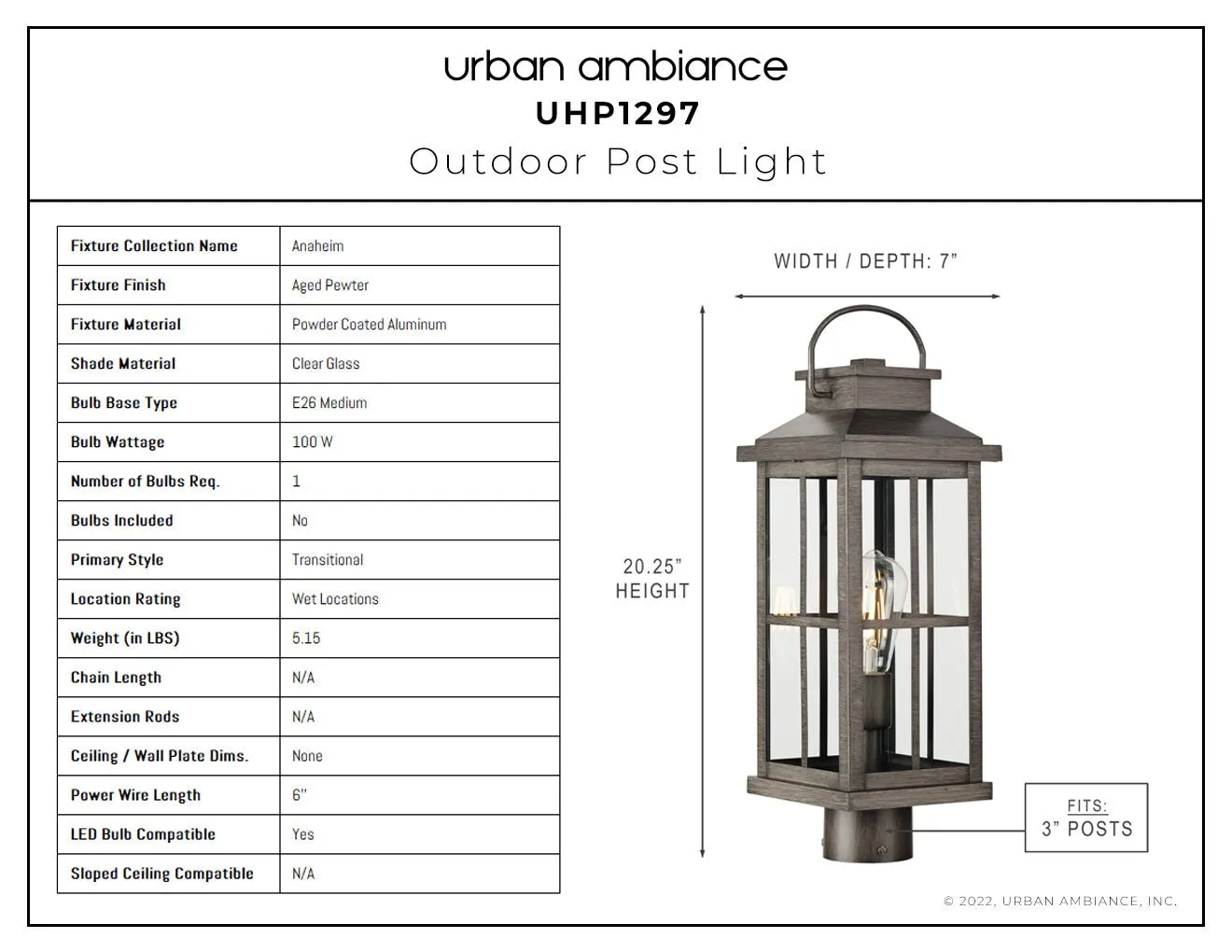 UHP1297 Transitional Outdoor Post Light 20.25''H x 7''W, Aged Pewter Finish, Anaheim Collection