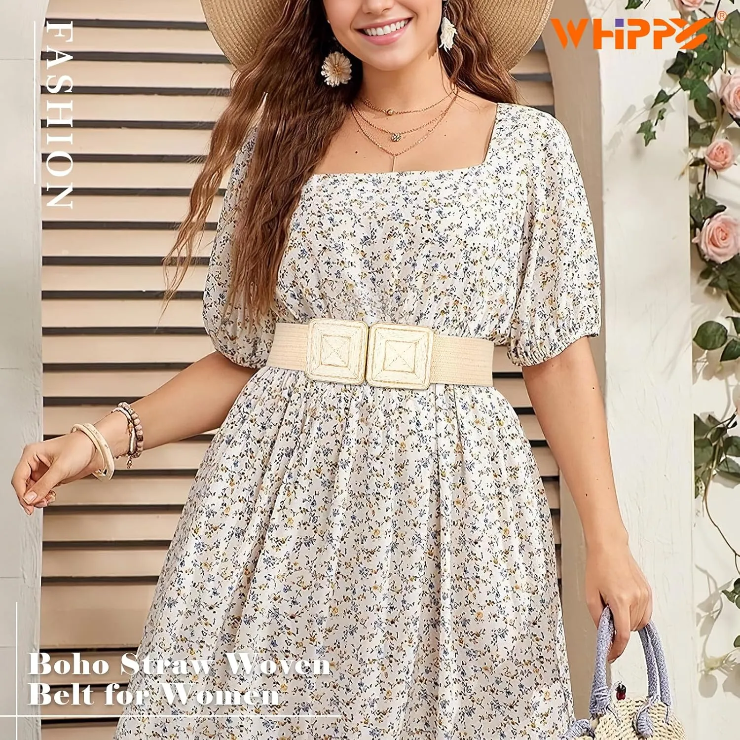 WHIPPY Straw Woven Elastic Belt for Women Fashion Boho Raffia Ladies Belt Braided Wide Stretch Waistband for Dress