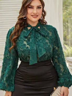 Women's Plus Size Tie Neck Long Sleeve Lace Top